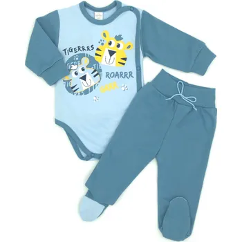 Kojenecký body G-baby 2-dílná sada body dl. rukáv, zap. bokem+ polodupačky Tygřík - modrá 56 (0-3m)