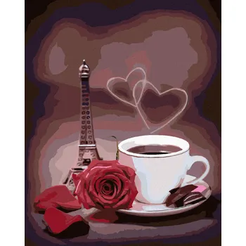 Diamondi Diamantové malování - KÁVA, RŮŽE A MALÁ EIFFELOVA VĚŽ Rozměr: 40x50 cm, Rámování: bez rámu a bez vypnutí plátna