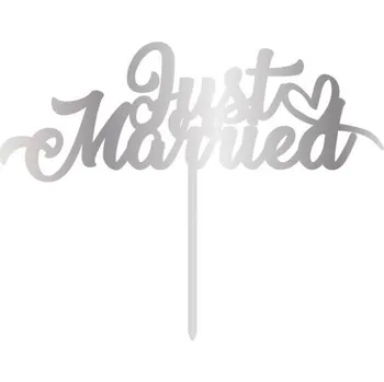 Jedlá dekorace na dort Cesil plastový zápich do dortu stříbrný Just Married