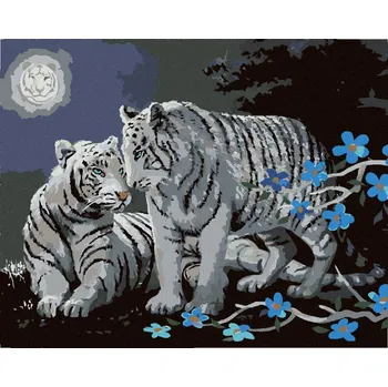 Diamondi Diamantové malování - BÍLÝ TYGR, MODRÉ KVĚTINY A ÚPLNĚK (D. RUSTY RUST) Rozměr: 40x50 cm, Rámování: bez rámu a bez vypnutí plátna