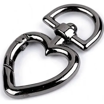Kovová karabina otočná srdce, průvlek 15 mm, barva 4 nikl černý