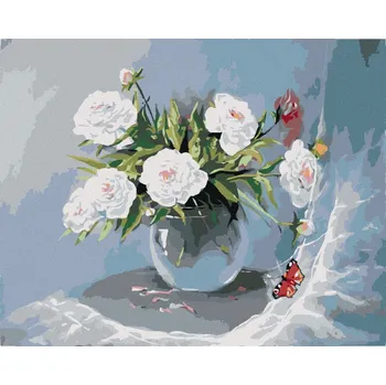 Diamondi Diamantové malování - BÍLÉ KVĚTINY VE VÁZE A MOTÝL Rozměr: 40x50 cm, Rámování: vypnuté plátno na rám