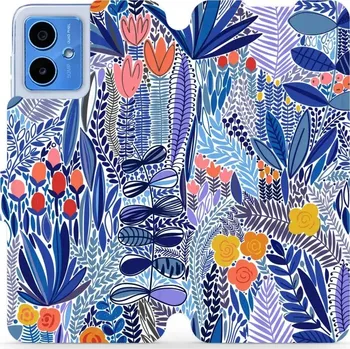 Pouzdro na mobilní telefon Flipové pouzdro Mobiwear - Motorola Moto G14 - MP03P Modrá květena (Knížkové flip pouzdro, obal, kryt na mobil Motorola Moto G14 - MP03P Modrá květena, materiál Umělá kůže + TPU - ochrana 360°, stojánek, silikonová vanička, magnetické zavírání)