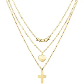 Náhrdelník Trojitý stříbrný pozlacený náhrdelník křížek a srdíčko STNAH160F