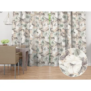 ubrus Dekorační závěs Porto PRT-012 Zeleno-bílé květy na béžovém 130x140 cm