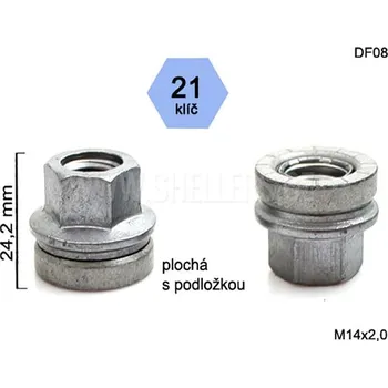 Matice na kolo Kolová matice M14x2,0 otevřená s plochou podložkou, Ford, klíč 21, DF08, výška 24