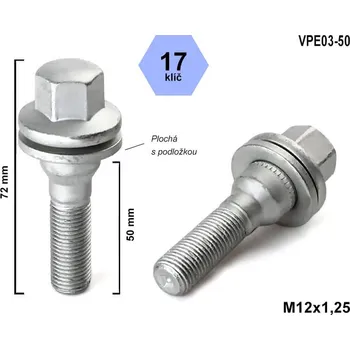 Šroubek na kolo Kolový šroub M12x1,25x50, VPE03-50, plochá podložka, CITROËN, FIAT, PEUGEOT, klíč 17, výška 72 mm