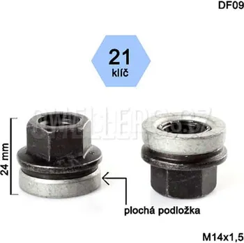 Matice na kolo Kolová matice M14x1,5 otevřená s plochou podložkou, Ford, klíč 21, DF09, výška 24
