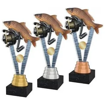 Akrylátová trofej - ryba s navijákem - Barva: Zlatá Text: Žádný Výška: 24cm