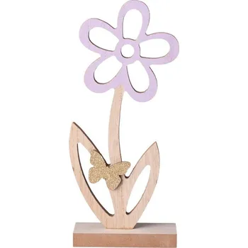 Dekorace dřevo 95x215mm kytka s motýlem, přírodní, růžová s glitrem