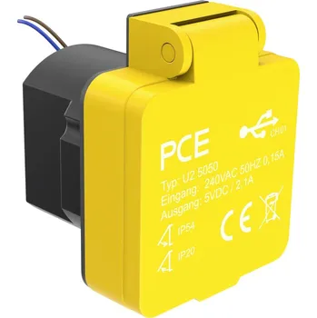 Elektrická zásuvka PCE U25050 zásuvka na omítku s nabíjením přes USB IP54 žlutá