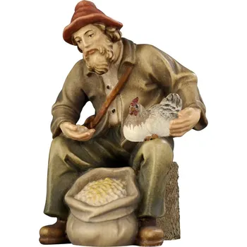 Vánoce Ornatis Poutník se slepicí a zrním Provedení: Malované, Velikost stojících figur dospělých postav: 9 cm Dřevěná vyřezávaná soška poutníka se slepicí a zrním