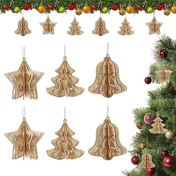 Vánoční dekorace KATELUO 6 kusů 3D vánočních dřevěných ozdob 10 cm dřevo 6