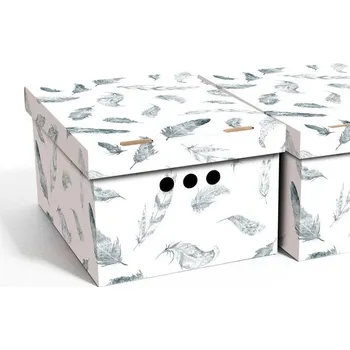 Úložný box Dekorativní kartonová krabička PEŘÍ A4 úložný box, velikost 33x25x18cm (Dekorativní krabice. Box je vyroben z pevné lepenky a hodí se ideálně k přechovávání různých předmětů jako je oblečení, hračky, knihy a jiné drobnosti. Díky dekorativnímu potisku může