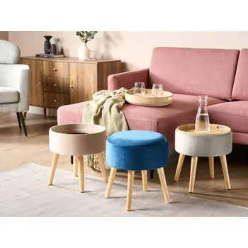 Taburet Modrý sametový čalouněný taburet s úložným prostorem s podnosem ve stylu glamour Beliani