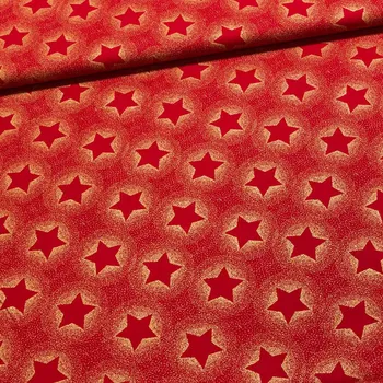 Bavlněné plátno vánoční 20706-015 zlaté velké hvězdy se třpytkami na červené, š.140cm (látka v metráži)