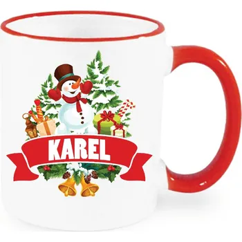 Vánoční hrnek - Vánoční sněhulák se jménem Karel Barva: Červená