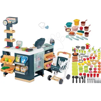 Dětská kuchyňka Set obchod elektronický smíšené zboží s chladničkou Maxi Market a nádobí Smoby s potravinami ovocem a zeleninou