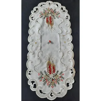 Vánoce UBRUS vyšívaný 90 x 40 vánoční šampáňo + červená svíčka