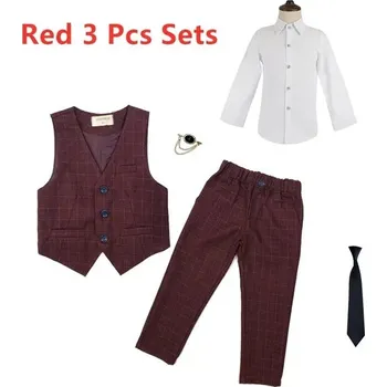 Klučičí elegantní set společenské kalhoty + vesta + košile (1 - 12 let) Barva: Red 3 Pcs Sets, Velikost: 100 (3 roky)