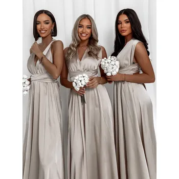 Dámské šaty Krémové lesklé šaty VALERDY s variabilním vázáním / bez rozparku