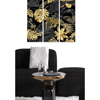 Bytová dekorace ASIR Obraz na MDF 3ks ŠEDÉ A ZLATÉ LISTY 20 x 50 cm