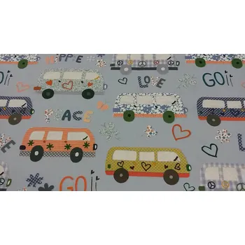 BYTEMA Dětská dekorační látka HIPPIE CARS modrá šíře 140 cm