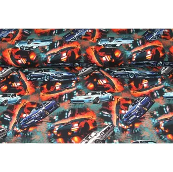 Elastická teplákovina nepočesaná, potištěná, vzor závodní auta, látky, metráž, šíře 180cm