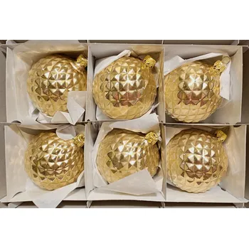 Vánoce Vánoční skleněné koule 8cm, zlaté, plastické, mat, třpytivé tečky, 6ks