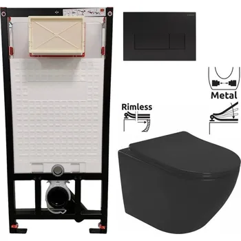 Klozet DEANTE Podomítkový rám, pro závěsné WC mísy + SLIM tlačítko černé + WC REA CARLO MINI RIMLESS ČERNÝ MAT + SEDÁTKO CST_WC01 N51P MM1