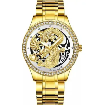 Hodinky Luxusní pánské hodinky s čínským drakem - Zlato bílá