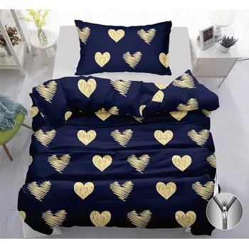 Povlečení Bavlissimo 2-dílné tmavomodré povlečení 140x200cm se zlatymi srdci