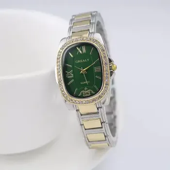 Hodinky Luxusní módní dámské hodinky s ocelovým páskem - napůl zlato zelená