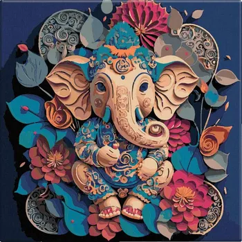 Malování podle čísel - Ganéša s květy - 40x40 cm, bez dřevěného rámu - CZ výroba