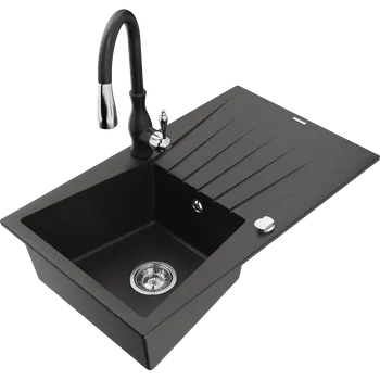 Granitový dřez Mexen Cesar granitový dřez 1-komorový s odkapávačem a kuchyňskou baterií Savita, černý/zlatý metalic - 6514-75-672601-70 Granitové dřezy s baterií