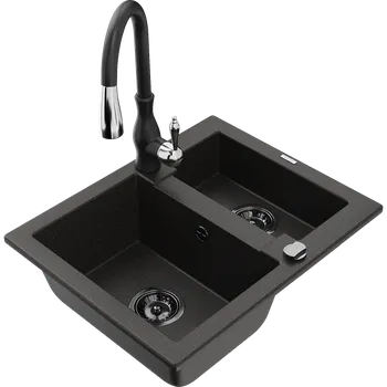 Granitový dřez Mexen Carlos granitový dřez 1,5-komorový s kuchyňskou baterií Savita, černý/zlatý metalik - 6518-75-672601-70-B Granitové dřezy s baterií