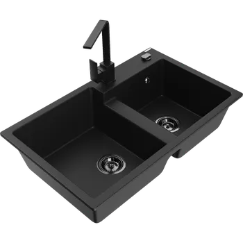 Granitový dřez Mexen Tomas granitový dřez 2-komorový s kuchyňskou baterií Rita, černý - 6516-77-670300-70-B Granitové dřezy s baterií