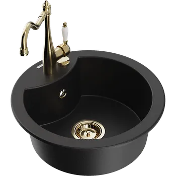 Granitový dřez Mexen Diego granitový dřez 1-komorový s kuchyňskou baterií Carla, černý - 6512-77-670700-50 Granitové dřezy s baterií