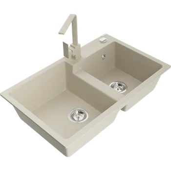 Granitový dřez Mexen Tomas granitový dřez 2-komorový s kuchyňskou baterií Rita, béžový - 6516-69-670300-69 Granitové dřezy s baterií