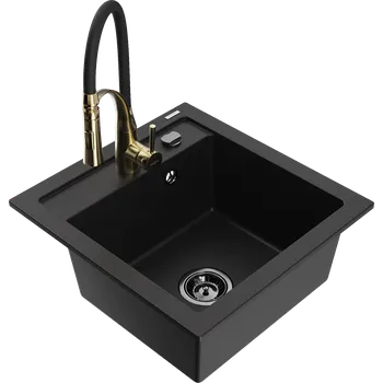 Granitový dřez Mexen Vito granitový dřez 1-komorový s kuchyňskou baterií Aster, černý - 6503-77-73450-57-B Granitové dřezy s baterií