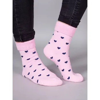 Ponožky YO SKF0016G TEPLÉ froté termo růžové s černými srdíčky velikosti ponožek: 23-25 (EUR vel. 35-38)
