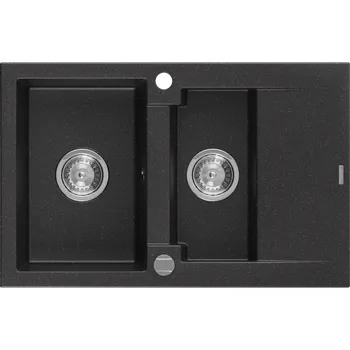 Granitový dřez Mexen Gaspar granitový dřez 1,5 komorový s odkapávačem 737 x 475 mm, černý/stříbrný metalik, sifon chrom - 6507731505-73 Granitové dřezy
