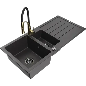 Granitový dřez Mexen Andres žulový dřez 1,5 komory s odkapávačem a kuchyňskou baterií Aster, černý skvrnitý - 6515-76-73450-57-B Granitové dřezy s baterií