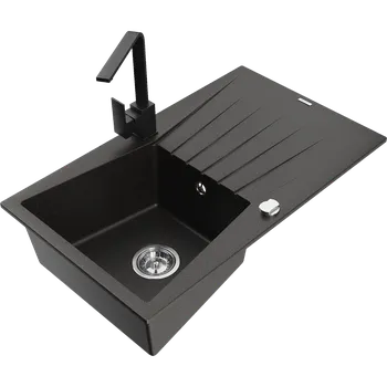 Granitový dřez Mexen Cesar granitový dřez 1-komorový s odkapávačem a kuchyňskou baterií Rita, černý/zlatý metalik - 6514-75-670300-70 Granitové dřezy s baterií