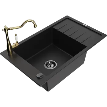 Granitový dřez Mexen Elias granitový dřez 1-komorový s odkapem a kuchyňskou baterií Carla, černý - 6511-77-670700-50-B Granitové dřezy s baterií