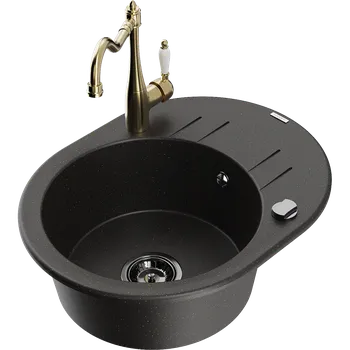 Granitový dřez Mexen Kevin granitový dřez s 1 komorou a odkapávačem a kuchyňskou baterií Carla, černý/zlatý metalík Granitové dřezy s baterií