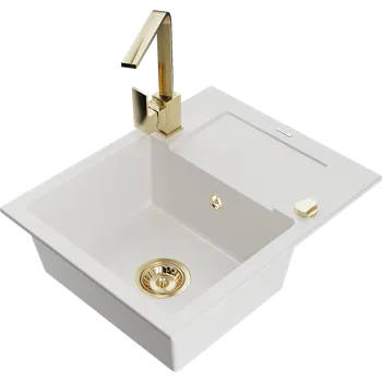 Granitový dřez Mexen Enzo granitový dřez s 1 komorou, odkapávačem a kuchyňskou baterií Rita, bílý - 6506-20-670300-50 Granitové dřezy s baterií