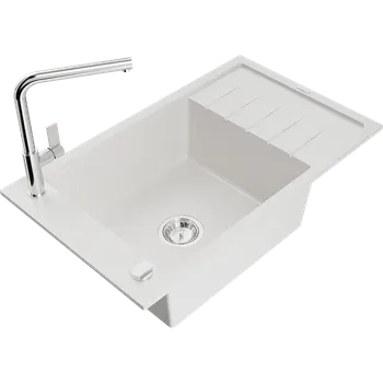 Granitový dřez Mexen Elias granitový dřez 1-komorový s odkapávačem a kuchyňskou baterií Flora, bílý - 6511-20-670401-00 Granitové dřezy s baterií