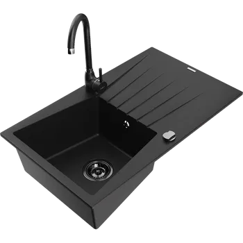 Granitový dřez Mexen Cesar granitový dřez 1-komorový s odkapávačem a kuchyňskou baterií Telma, černý - 6514-77-670200-70-B Granitové dřezy s baterií