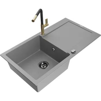 Granitový dřez Mexen Leo granitový dřez s 1 komorou s odkapávačem a kuchyňskou baterií Flora, šedá - 6501-71-670401-57-B Granitové dřezy s baterií